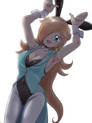 Rule 34 | 1girl, animal ears, aqua vest, armpits, arms up, black leotard, blonde hair, blue eyes, breasts, cleavage, coattails, commentary request, cowboy shot, detached collar, detesu, grey pantyhose, hair over one eye, highres, leotard, long hair, looking at viewer, mario (series), medium breasts, nintendo, pantyhose, playboy bunny, rabbit ears, rabbit pose, rosalina, simple background, solo, strapless, strapless leotard, super mario galaxy, very long hair, white background, wrist cuffs