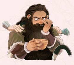 Rule 34 | 1boy, arm guards, artist name, beard, black hair, bowl, brown gloves, cat tail, chilchuck tims, comforting, commentary, cropped torso, crying, crying with eyes open, disembodied hand, dungeon meshi, dwarf, english commentary, facial hair, fingerless gloves, food, forehead, fur-trimmed sleeves, fur trim, furrowed brow, gloves, hair slicked back, highres, holding, holding bowl, izutsumi, laios touden, layered sleeves, long beard, long hair, long sleeves, male focus, marcille donato, mustache, no headwear, rorokonaa, senshi (dungeon meshi), short over long sleeves, short sleeves, sobbing, solo focus, soup, steam, tail, tears, vambraces, wiping tears