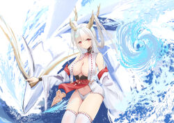 Rule 34 | 1girl, artist name, azur lane, bare shoulders, breasts, closed mouth, crop top, crop top overhang, detached sleeves, dragon horns, highres, horns, large breasts, legs together, livetarica, long hair, looking at viewer, navel, panties, pelvic curtain, red eyes, shimanto (azur lane), signature, solo, stomach, thighhighs, thighs, underwear, waves, white hair, white panties, wide sleeves, world of warships