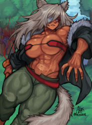 Rule 34 | 1girl, abs, absurdres, animal ears, breasts, closed mouth, dark-skinned female, dark skin, eyepatch, fang, fang out, forest, gabriel ales, ghislaine dedoldia, grey hair, highres, large breasts, long hair, muscular, muscular female, mushoku tensei, nature, navel, pants, scar, solo, tail, thick thighs, thighs, very long hair