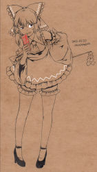 Rule 34 | 1girl, artist name, ascot, bow, brown background, brown hair, dated, detached sleeves, frilled thighhighs, frills, full body, gohei, hair bow, hair tubes, hakurei reimu, high heels, highres, japanese clothes, leaning forward, long hair, long sleeves, miko, monochrome, mushroom (osh320), ofuda, ribbon, short hair, simple background, smug, solo, spot color, thighhighs, touhou, wide sleeves, zettai ryouiki