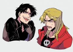 Rule 34 | 2boys, black hair, black shirt, blonde hair, brown vest, commentary request, funai, grey background, highres, inudori, jacket, kaiji, kitami (kaiji), long hair, male focus, medium bangs, multiple boys, open clothes, open jacket, open mouth, parted bangs, popped collar, red jacket, shirt, short hair, simple background, skull print, smile, teeth, tongue, tongue out, upper body, upper teeth only, v-shaped eyebrows, vest