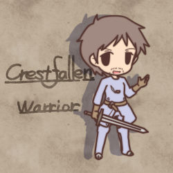 Rule 34 | 0 0, 1boy, :d, bad id, bad pixiv id, brown background, brown hair, character name, chibi, crestfallen warrior, dark souls (series), dark souls i, facial hair, from software, fushigi ebi, gloves, holding, male focus, open mouth, shadow, smile, solid oval eyes, solo, sword, weapon