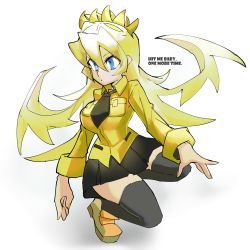 Rule 34 | 1girl, alternate color, blonde hair, blue eyes, filia (skullgirls), futakuchi-onna, highres, keep charge, kneeling, long hair, necktie, pleated skirt, samson (skullgirls), school uniform, skirt, skullgirls, solo, thighhighs, yellow eyes