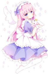 Rule 34 | 1girl, absurdres, animal, apron, bad id, bad pixiv id, blush, closed mouth, commentary, detached wings, dress, frilled apron, frilled dress, frilled hairband, frills, full body, hair between eyes, hairband, head tilt, highres, long hair, looking at viewer, looking to the side, no shoes, original, pantyhose, pink hair, pleated dress, purple dress, purple eyes, purple hairband, rabbit, simple background, solo, sparkle, symbol-only commentary, tsukiyo (skymint), very long hair, white apron, white background, white pantyhose, white wings, wings