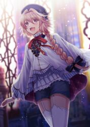 Rule 34 | 1boy, arms at sides, astolfo (angel breath) (fate), astolfo (fate), backlighting, beret, blue hat, blue shorts, blush, bow, bowtie, braid, cloak, commentary request, cowboy shot, fang, fate/grand order, fate (series), frilled shirt collar, frills, garter straps, hair between eyes, hair intakes, hair over shoulder, hat, indoors, ittokyu, light particles, long braid, long hair, male focus, multicolored hair, official alternate costume, open mouth, pink hair, purple eyes, red bow, red bowtie, shorts, side braid, single braid, skin fang, stained glass, streaked hair, thighhighs, trap, white cloak, white garter straps, white hair, white thighhighs