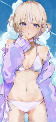 Rule 34 | 1girl, absurdres, bikini, blonde hair, blue hair, blue sky, blush, breasts, choker, cloud, highres, hololive, hololive dev is, jacket, looking at viewer, multicolored hair, navel, open mouth, purple eyes, short hair, sky, small breasts, streaked hair, swimsuit, todoroki hajime, two side up, virgo76612871, virtual youtuber, white bikini, white choker, white jacket
