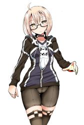 Rule 34 | 1girl, ahoge, arm at side, artoria pendragon (fate), bike shorts, black-framed eyewear, black choker, black shorts, black thighhighs, blonde hair, blush, choker, closed mouth, collarbone, cowboy shot, drawstring, fate/grand order, fate (series), glasses, gym shirt, hand up, head tilt, highres, hood, hood down, hooded jacket, jacket, long sleeves, looking at viewer, mysterious heroine x alter (fate), mysterious heroine x alter (second ascension) (fate), name tag, partially unzipped, poncocchan, semi-rimless eyewear, shirt, short hair, shorts, skindentation, smile, solo, thigh gap, thighhighs, track jacket, under-rim eyewear, white shirt, yellow eyes, zipper