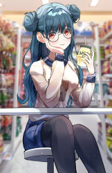 Rule 34 | 1girl, absurdres, black pantyhose, blue hair, blue shorts, blurry, blurry background, blush, breasts, brown sweater, closed mouth, conveni (vocaloid), convenience store, double bun, drinking straw, feet out of frame, fu u03, glasses, hair behind ear, hair between eyes, hair bun, head rest, highres, indoors, large breasts, light particles, long hair, long sleeves, looking at viewer, original, pantyhose, pantyhose under shorts, puffy sleeves, red eyes, round eyewear, shop, shorts, sitting, smile, solo, stool, sweater, table