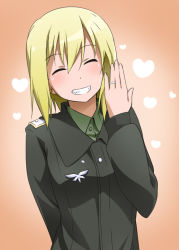 Rule 34 | 1girl, blonde hair, blush, closed eyes, erica hartmann, female focus, gradient background, grin, heart, jewelry, military, military uniform, ring, short hair, smile, solo, strike witches, uniform, upper body, world witches series, youkan