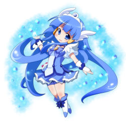 Rule 34 | 10s, 1girl, aoki reika, aqua background, blue dress, blue eyes, blue hair, blue skirt, blue theme, boots, bow, breasts, cure beauty, dress, full body, head wings, knee boots, long hair, magical girl, matching hair/eyes, no nose, oborotsuki kakeru, precure, ribbon, shorts, shorts under skirt, skirt, small breasts, smile, smile precure!, snow, solo, tiara, wings