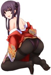 Rule 34 | 1girl, :d, ass, black hair, black pantyhose, blunt bangs, breasts, brown eyes, feet, from behind, gusset, hair ribbon, highres, hime cut, hu sea, japanese clothes, kimono, kimono pull, long hair, looking back, no shoes, off shoulder, open mouth, panties, panties under pantyhose, pantyhose, ribbon, saenai heroine no sodatekata, sawamura sayuri, sideboob, smile, solo, thighband pantyhose, twintails, underwear