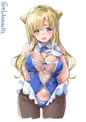 Rule 34 | 1girl, alternate costume, bare shoulders, black pantyhose, blonde hair, blue ribbon, blush, bow, bowtie, breasts, cleavage, collarbone, commentary request, covered erect nipples, cowboy shot, detached collar, double bun, ebifurya, fletcher (kancolle), gloves, gluteal fold, hair bun, hand on own chest, highleg, highres, kantai collection, large breasts, long hair, looking at viewer, navel, open mouth, pantyhose, revealing clothes, ribbon, simple background, solo, thighs, white background, white gloves, yellow eyes