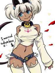 Rule 34 | 1girl, alternate costume, alternate hairstyle, bad id, bad twitter id, blue eyes, cat tail, claws, collar, cowboy shot, dark skin, dark-skinned female, detached sleeves, english text, covered erect nipples, fang, highres, looking to the side, midriff, mishiro shinza, ms. fortune (skullgirls), navel, open clothes, open shorts, short shorts, shorts, skullgirls, solo, tail, twintails