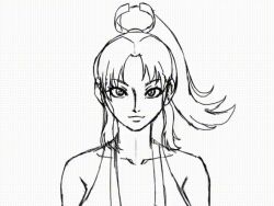 Rule 34 | 1girl, :3, bare shoulders, breasts, cleavage, fatal fury, floating hair, ikumo taisuke, large breasts, lips, long hair, monochrome, ponytail, shiranui mai, simple background, smile, snk, standing, upper body, very long hair, white background