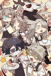 3boys 3girls alina_(arknights) animal_ears animal_skull antlers apron arknights black_apron cake chibi collared_shirt contemporary cookie cup faust_(arknights) food frostnova_(arknights) green_eyes grey_hair highres holding holding_cup holding_menu holding_notepad holding_pen holding_tray horns ice_cream long_hair long_sleeves looking_at_viewer menu mephisto_(arknights) monster_boy multiple_boys multiple_girls notepad open_mouth patriot_(arknights) pen rabbit_ears shirt smile snake_boy snake_tail south_ac tail talulah_(arknights) tray very_long_hair white_hair white_shirt