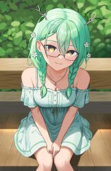 Rule 34 | 1girl, absurdres, antlers, bare shoulders, blush, braid, braided bangs, breasts, ceres fauna, cleavage, closed mouth, collarbone, diptip, dress, flower, glasses, green dress, green hair, hair flower, hair ornament, highres, hololive, hololive english, horns, jewelry, large breasts, long hair, looking at viewer, mole, mole under eye, necklace, outdoors, sitting, smile, solo, twin braids, virtual youtuber, yellow eyes