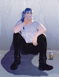 Rule 34 | 1boy, alternate costume, beer can, biceps, blue hair, can, cigarette, cu chulainn (fate), cu chulainn (fate/stay night), drink can, earrings, fate/stay night, fate (series), hal (haaaalhal), highres, jewelry, leather, leather pants, long hair, looking up, male focus, muscular, muscular male, open mouth, pants, ponytail, red eyes, shirt, short sleeves, signature, sitting, smoke, smoking, solo, spiked hair, t-shirt, v-neck