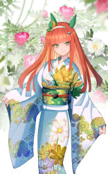 Rule 34 | 1girl, animal ears, blue kimono, blunt bangs, closed mouth, commentary request, ear covers, feet out of frame, floral background, floral print, flower, green eyes, hairband, horse ears, japanese clothes, kimono, long hair, long sleeves, looking at viewer, obi, orange hair, sash, silence suzuka (umamusume), smile, solo, standing, umamusume, wide sleeves, yomean!, yukata
