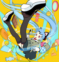 Rule 34 | 1girl, animal ears, arrow (symbol), buttons, cable, candy, cat ears, chocolate, chocolate bar, double-breasted, falling, food, foreshortening, gloves, hatsune miku, ice cream cone, jelly bean, lollipop, long hair, microphone, open mouth, pale skin, polka dot, polka dot background, popsicle, ringed eyes, sakamoto kouji, shoes, skirt, solo, thighhighs, twintails, very long hair, vocaloid, zipper