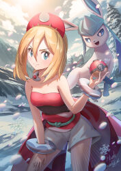 Rule 34 | 1girl, blonde hair, blue eyes, bracelet, chinese commentary, closed mouth, collar, commentary request, creatures (company), dated, day, eyelashes, game freak, gen 4 pokemon, glaceon, green eyes, hair between eyes, hairband, hand up, highres, holding, holding poke ball, hooh lin, irida (pokemon), jewelry, leaning, medium hair, nintendo, outdoors, poke ball, poke ball (legends), pokemon, pokemon (creature), pokemon legends: arceus, red hairband, sash, shirt, shorts, signature, smile, strapless, strapless shirt, waist cape