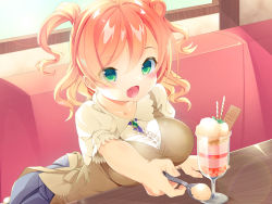 Rule 34 | 1girl, :o, absurdres, apron, blush, breasts, brooch, chair, food, green eyes, highres, ice cream, indoors, jewelry, large breasts, looking at viewer, medium hair, open mouth, orange hair, original, parfait, plump, smile, solo, spoon, sweets, thiana0225, window