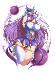 Rule 34 | 1girl, armpits, arms behind head, arms up, asymmetrical clothes, boots, breasts, curvy, familiar, full body, hair over one eye, highres, huge breasts, knee boots, league of legends, long hair, magical girl, panties, pantyshot, parted lips, purple eyes, purple hair, single knee boot, single thigh boot, smile, solo, sparkle, star guardian (league of legends), star guardian syndra, syndra, thigh boots, thigh gap, thighhighs, torahime (roland00), underwear, very long hair, white background, wide hips