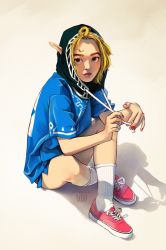 Rule 34 | 1girl, adapted costume, blonde hair, cherushi, commentary, contemporary, crossed ankles, english commentary, forehead, green eyes, hood, hood up, looking at viewer, nail polish, nintendo, pointy ears, princess zelda, red footwear, shadow, shoes, short hair, sitting, sneakers, socks, solo, the legend of zelda, the legend of zelda: breath of the wild, the legend of zelda: tears of the kingdom, thick eyebrows, tube socks