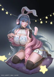 Rule 34 | 1girl, absurdres, android, animal ears, black thighhighs, blue eyes, blue hair, cable, chinese zodiac, copyright request, happy new year, headphones, highres, joints, kneeling, long hair, new year, pillow, rabbit, rabbit ears, realistic, robot, robot joints, science fiction, simple background, thighhighs, very long hair, wangxiao, watermark, year of the rabbit