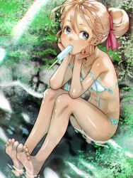 Rule 34 | 1girl, barefoot, bikini, blonde hair, blue eyes, double bun, feet, food, food in mouth, hair bun, long hair, looking at viewer, lowres, popsicle, popsicle in mouth, soles, swimsuit, toes, water