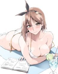 Rule 34 | 1girl, ass, atelier (series), atelier ryza, atelier ryza 2, bare shoulders, bikini, black ribbon, blush, book, breasts, brown eyes, brown hair, cleavage, collarbone, cup, drinking glass, drinking straw, food, fruit, hairband, highres, large breasts, lime (fruit), lime slice, looking at viewer, lying, on stomach, reisalin stout, ribbon, short hair, side-tie bikini bottom, side-tie swimsuit, smile, solo, swimsuit, towel, white bikini, zekkyon
