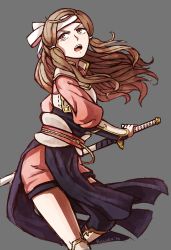 Rule 34 | 10s, 1girl, 2016, armor, artist name, breastplate, brown eyes, brown hair, commentary, dated, fire emblem, fire emblem fates, gauntlets, grey background, hana (fire emblem), headband, highres, holding, holding sword, holding weapon, japanese clothes, katana, killuba, kimono, long hair, looking up, nintendo, obi, open mouth, pelvic curtain, sash, scabbard, serious, sheath, short kimono, simple background, single thighhigh, solo, sword, teeth, thighhighs, unsheathing, wavy hair, weapon