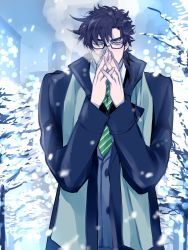 Rule 34 | 1boy, atsuyu, bad id, bad pixiv id, bespectacled, black hair, blue eyes, breath, caesar anthonio zeppeli, covering face, glasses, highres, jojo no kimyou na bouken, joseph joestar, joseph joestar (young), male focus, necktie, scarf, snow, snowing, solo, tree, winter clothes