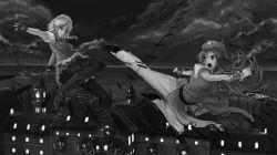 Rule 34 | 2girls, beret, boots, breasts, chinese clothes, dodging, fingerless gloves, flats, flying kick, freeze-ex, gloves, greyscale, hat, hong meiling, izayoi sakuya, kicking, knife, large breasts, maid headdress, monochrome, multiple girls, pantyhose, pelvic curtain, skirt, smile, star (symbol), too many, too many knives, touhou, unfinished, wrist cuffs