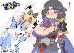 Rule 34 | 1girl, armor, black hair, blush, breasts, canyne, cat, cleavage, cleavage cutout, clothing cutout, dog, gloves, headband, japanese clothes, kamura (armor), large breasts, monster hunter (series), monster hunter rise, pauldrons, short hair, shoulder armor, simple background, yazawa owl