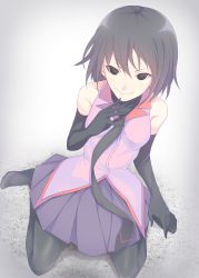 Rule 34 | adapted costume, bare shoulders, black eyes, black gloves, black hair, black necktie, black pantyhose, black undershirt, bob cut, bright pupils, commentary, elbow gloves, from above, gloves, hair between eyes, highres, looking ahead, monogatari (series), naoetsu high school uniform, narumi muran, necktie, no shoes, on ground, oshino ougi, pantyhose, pink shirt, school uniform, shirt, short hair, sitting, sleeveless, sleeveless shirt, smile, solo, turtleneck, v-shaped eyebrows, wariza, white background, white pupils