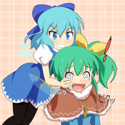 Rule 34 | !, &gt;:d, 2girls, :d, @ @, alternate costume, blue eyes, blue hair, blush, bow, capelet, cato (monocatienus), cirno, contemporary, daiyousei, dress, evil grin, evil smile, fairy wings, fur trim, green hair, grin, hair bow, hair ribbon, hand on another&#039;s face, ice, ice wings, multiple girls, open mouth, pantyhose, plaid, plaid background, puffy short sleeves, puffy sleeves, ribbon, short sleeves, side ponytail, smile, tears, touhou, v-shaped eyebrows, wavy mouth, wings