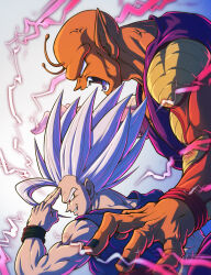 Rule 34 | 2boys, angry, antennae, biceps, black nails, black wristband, colored skin, commentary request, dougi, dragon ball, dragon ball super, dragon ball super super hero, electricity, energy, fangs, fingernails, gohan beast, grin, hand on own forehead, hand up, highres, koukyouji, male focus, multiple boys, muscular, muscular male, namekian, open mouth, orange piccolo, orange skin, piccolo, pointy ears, profile, red eyes, smile, son gohan, spiked hair, teeth, tongue, v-shaped eyebrows, veins, white hair, wristband