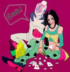 Rule 34 | 2girls, ace (playing card), ace of hearts, ace of spades, baseball, black hair, card, cross, dice, hair over eyes, heart, jojo no kimyou na bouken, marilyn manson (stand), midriff, mirashon, multiple girls, playing card, shirt, simple background, spade (shape), stone ocean, striped clothes, striped shirt, yyy246