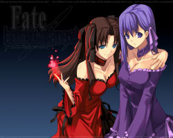 Rule 34 | 00s, 2girls, bare shoulders, black background, black hair, black ribbon, blue background, blue eyes, breasts, brown hair, choker, cleavage, collarbone, copyright name, covered erect nipples, dress, embarrassed, fate/hollow ataraxia, fate/stay night, fate (series), female focus, frilled dress, frills, gown, gradient background, hair ribbon, hand on another&#039;s shoulder, hug, large breasts, long hair, long sleeves, looking at viewer, magic, matou sakura, medium breasts, multiple girls, naughty face, neck, off-shoulder dress, off shoulder, parted lips, purple choker, purple dress, purple eyes, purple hair, purple ribbon, red choker, red dress, ribbon, shingo (missing link), siblings, sisters, smile, tohsaka rin, two side up, type-moon, wallpaper, wide sleeves