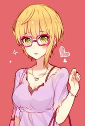 Rule 34 | 10s, 1girl, :3, blonde hair, blush, bracelet, breasts, cleavage, collarbone, glasses, green eyes, heart, idolmaster, idolmaster cinderella girls, jewelry, kvlen, large breasts, looking at viewer, miyamoto frederica, necklace, open mouth, red background, short hair, smile, solo, sparkle