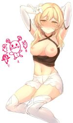 Rule 34 | 1girl, arms up, blonde hair, bloomers, blush, breasts, breasts out, criss-cross halter, detached sleeves, flower, genshin impact, hair flower, hair ornament, halterneck, highres, lumine (genshin impact), medium breasts, nipples, nose blush, orange eyes, sbs, short hair with long locks, simple background, solo, sweat, thighhighs, underwear, white background, white bloomers, white flower, white thighhighs