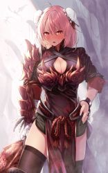 Rule 34 | 1girl, absurdres, bandaged arm, bandages, black thighhighs, blush, breasts, bun cover, cleavage, cuffs, double bun, greenkohgen, hair bun, hand on own hip, highres, ibaraki kasen, large breasts, looking at viewer, monster hunter, monster hunter: world, monster hunter (series), odogaron (armor), orange eyes, parted lips, pelvic curtain, pink hair, shackles, short hair, solo, standing, sweatdrop, thighhighs, touhou