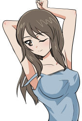 Rule 34 | 1girl, alternate costume, arm above head, armpits, arms behind back, blush, breasts, brown hair, collarbone, dutch angle, girls und panzer, highres, light blush, long hair, medium breasts, mika (girls und panzer), one eye closed, simple background, smile, solo, strap slip, wakku kan, white background