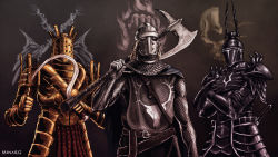 Rule 34 | 3boys, arm at side, armor, axe, belt, black armor, black background, black eyes, blue cape, breastplate, cape, chainmail, commentary, creighton of mirrah, crossed arms, dark souls (series), dark souls i, dark souls ii, demon&#039;s souls, english commentary, facing viewer, fake horns, faulds, gauntlets, gold armor, helmet, highres, holding, holding axe, holding weapon, horned helmet, horns, knight, knight lautrec of carim, looking at viewer, male focus, medium hair, menaslg, multiple boys, over shoulder, pauldrons, sheath, sheathed, shotel, shoulder armor, simple background, surcoat, sword, symbol, thumbs up, upper body, weapon, white hair, yurt the silent chief