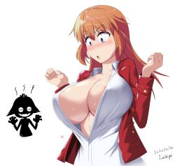 Rule 34 | blue eyes, blush, breasts, brown hair, charlotte e. yeager, cleavage, fumie umetora, highres, large breasts, miyafuji yoshika, no bra, open mouth, shirt, silhouette demon, strike witches, wardrobe malfunction, white shirt, world witches series