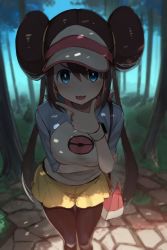 Rule 34 | 1girl, :3, :d, blue eyes, blush, breasts, brown hair, creatures (company), double bun, forest, from above, game freak, greatmosu, hair bun, hand on own chin, highres, large breasts, long hair, looking at viewer, nature, nintendo, open mouth, pantyhose, pokemon, pokemon bw2, pokemon masters ex, rosa (pokemon), smile, solo, stroking own chin, tree, twintails, visor cap