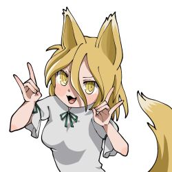 Rule 34 | 1girl, animal ears, blonde hair, blush, breasts, double fox shadow puppet, fox ears, fox shadow puppet, fox tail, green ribbon, highres, kudamaki tsukasa, looking at viewer, medium breasts, mozupoko, open mouth, ribbon, romper, short hair, short sleeves, simple background, smile, solo, tail, touhou, upper body, white background, white romper, yellow eyes