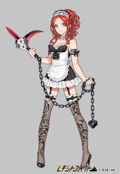 Rule 34 | 1girl, apron, armband, bare shoulders, black footwear, black thighhighs, breasts, chain, copyright name, floral print, frills, full body, garter straps, grey background, high heels, holding, holding weapon, lock, long hair, looking at viewer, maid, maid apron, maid headdress, medium breasts, official art, pota (bluegutty), red eyes, red hair, reki connect, shoes, sickle, simple background, smile, solo, standing, thighhighs, watermark, wavy hair, weapon