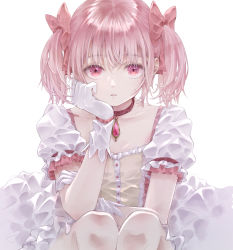 Rule 34 | 1girl, absurdres, arm support, bubble skirt, buttons, center frills, choker, collarbone, dot nose, elbow on knee, eyelashes, eyes visible through hair, feet out of frame, flat chest, frilled sleeves, frills, gloves, hair ribbon, hand on own arm, head rest, highres, kaname madoka, legs together, light blush, limited palette, looking at viewer, mahou shoujo madoka magica, mahou shoujo madoka magica (anime), parted lips, pink eyes, pink hair, pink ribbon, puffy sleeves, red choker, ribbon, riri (ririwaldorf), short twintails, simple background, skirt, solo, soul gem, twintails, white background, white gloves, white skirt